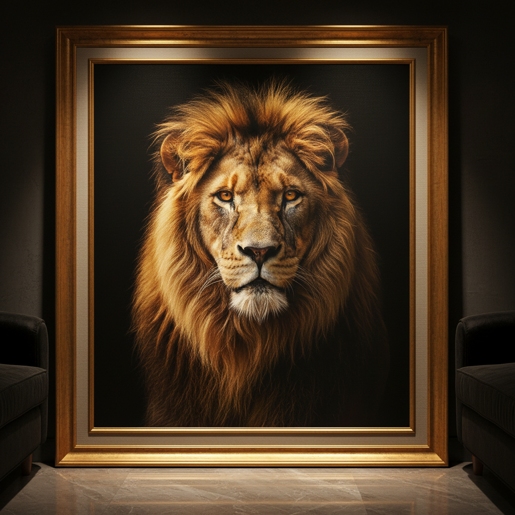 The Lion of Judah luxury fine art print — majestic golden lion on dark background